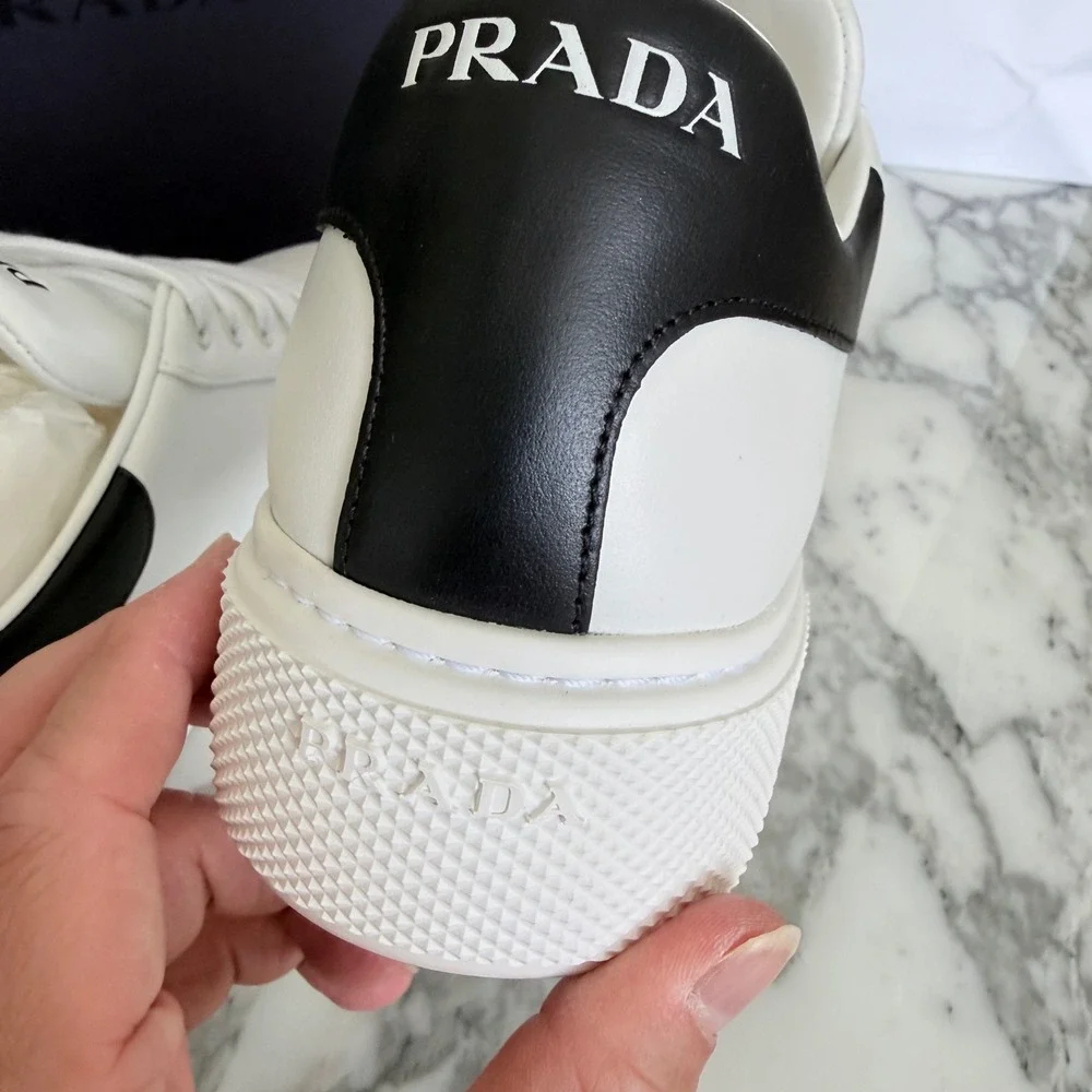 Prada Women White Leather Low Top Sneakers Black Heel Tab 1E621M Size US 9.5